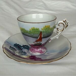 Vintage Ucagco Hand Painted Japanese Teacup Saucer Set Landscape Scenic Sailboat